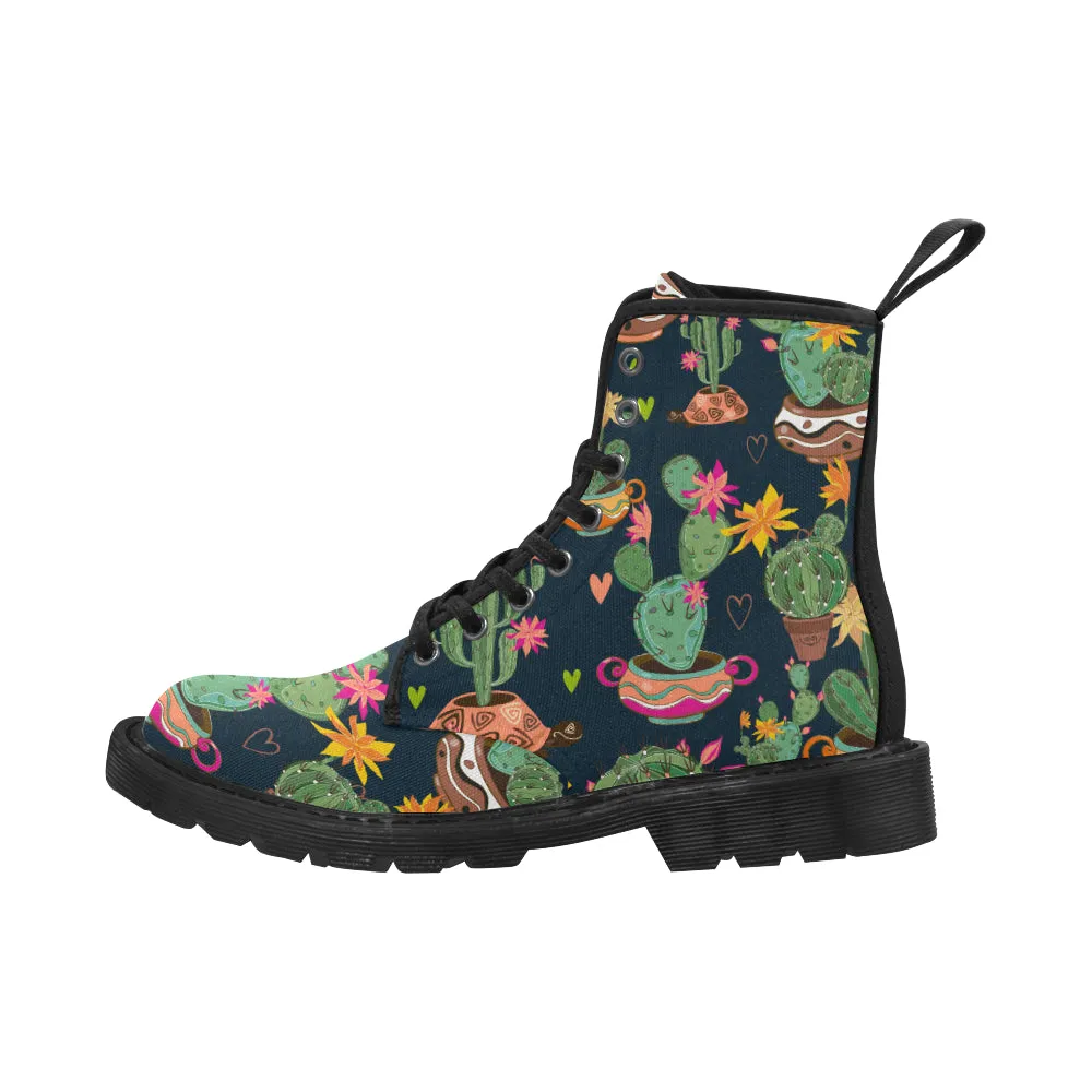 Cactus Women's Boots, Succulent Vegan Canvas Lace Up Shoes, Black Botanical Print Army Ankle Combat, Winter Casual Custom Gift