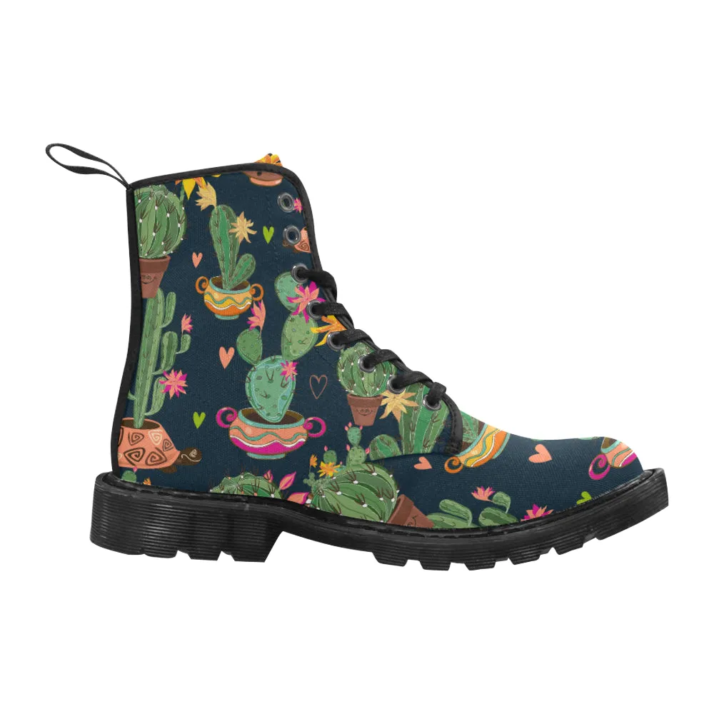 Cactus Women's Boots, Succulent Vegan Canvas Lace Up Shoes, Black Botanical Print Army Ankle Combat, Winter Casual Custom Gift