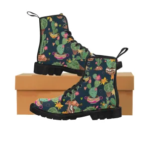 Cactus Women's Boots, Succulent Vegan Canvas Lace Up Shoes, Black Botanical Print Army Ankle Combat, Winter Casual Custom Gift