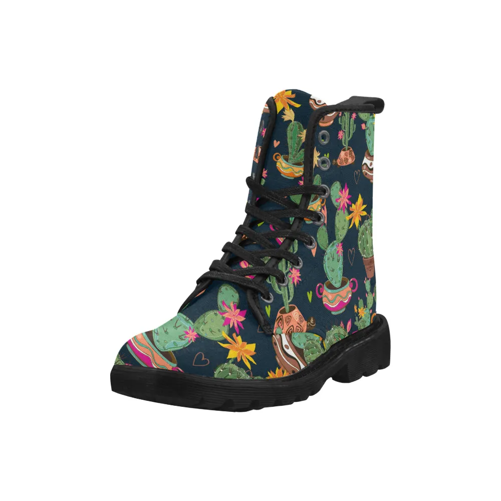 Cactus Women's Boots, Succulent Vegan Canvas Lace Up Shoes, Black Botanical Print Army Ankle Combat, Winter Casual Custom Gift