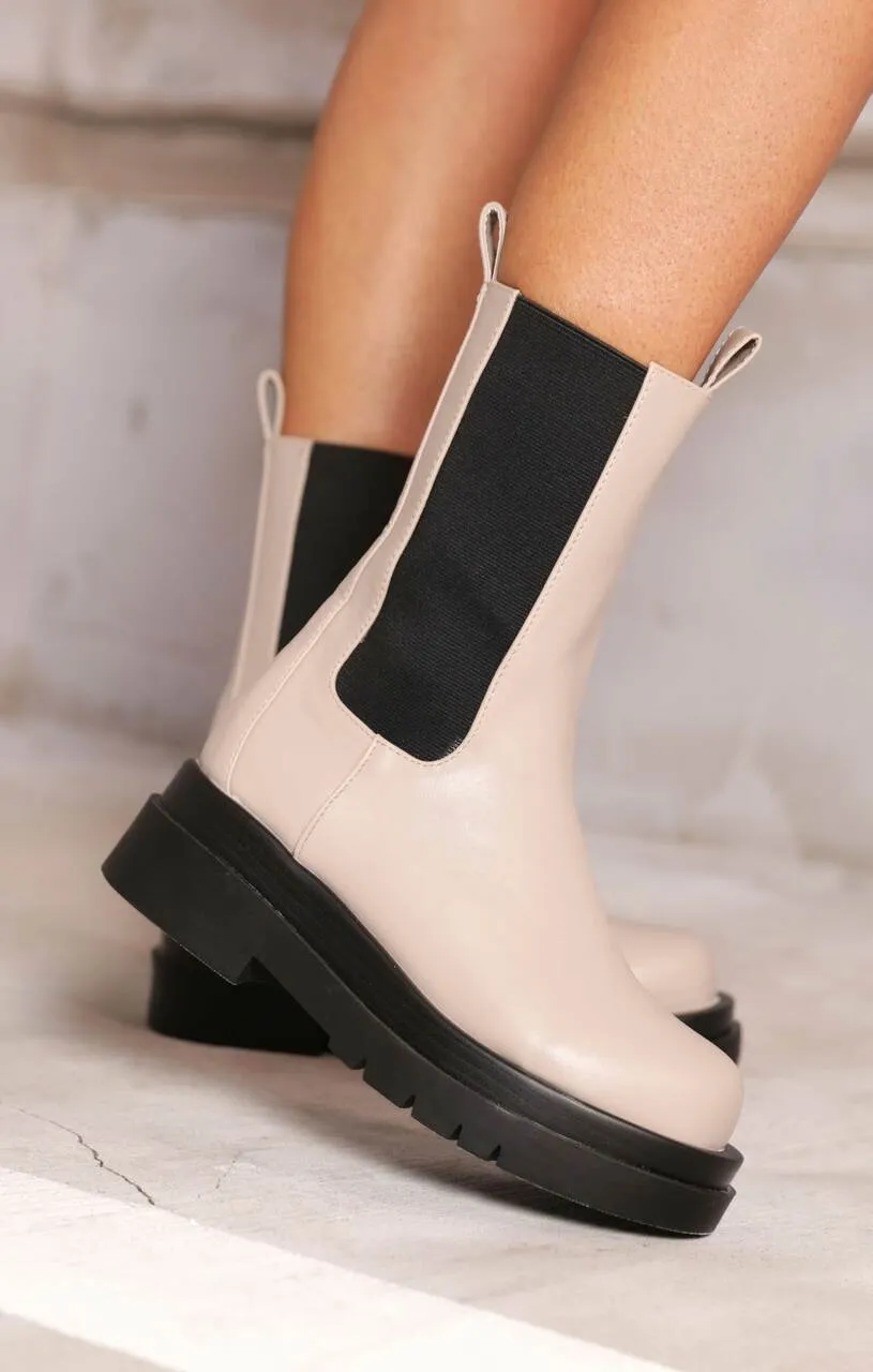 Cream PU Faux Leather Chunky Platform Mid Calf Chelsea Boots - Melissa