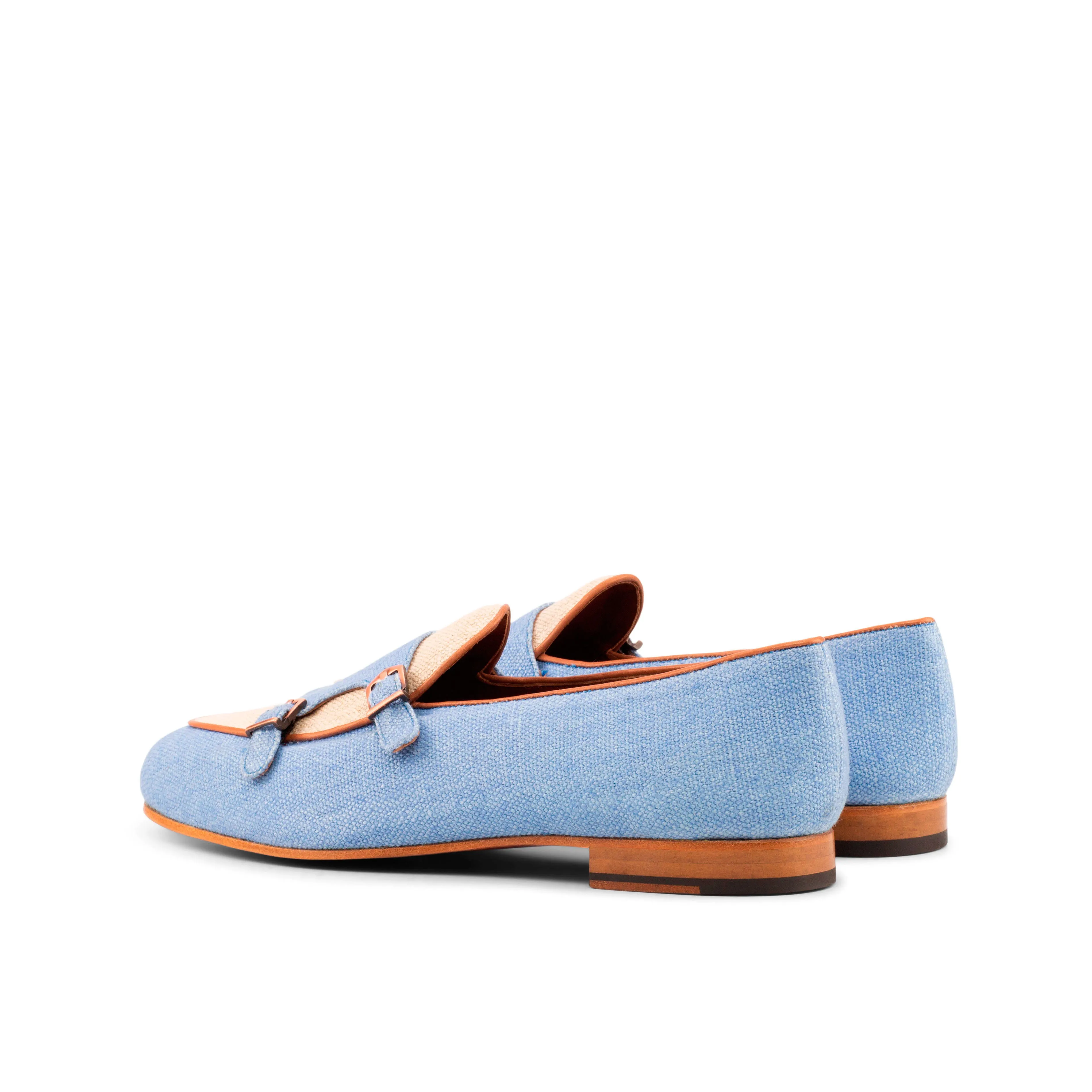 DapperFam Rialto in Blue / Ice / Med Brown Men's Linen & Italian Leather Monk Slipper