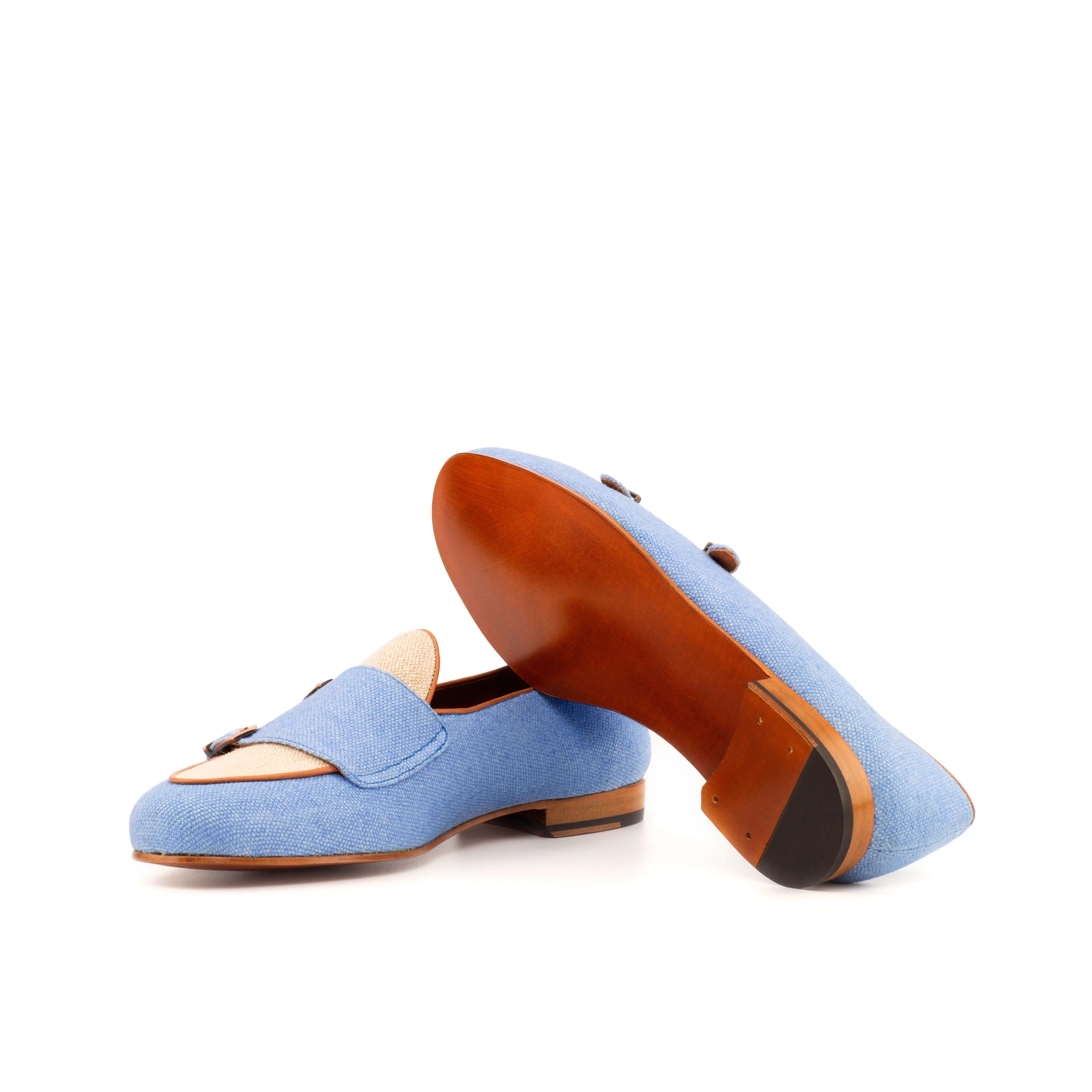 DapperFam Rialto in Blue / Ice / Med Brown Men's Linen & Italian Leather Monk Slipper