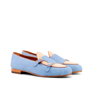 DapperFam Rialto in Blue / Ice / Med Brown Men's Linen & Italian Leather Monk Slipper