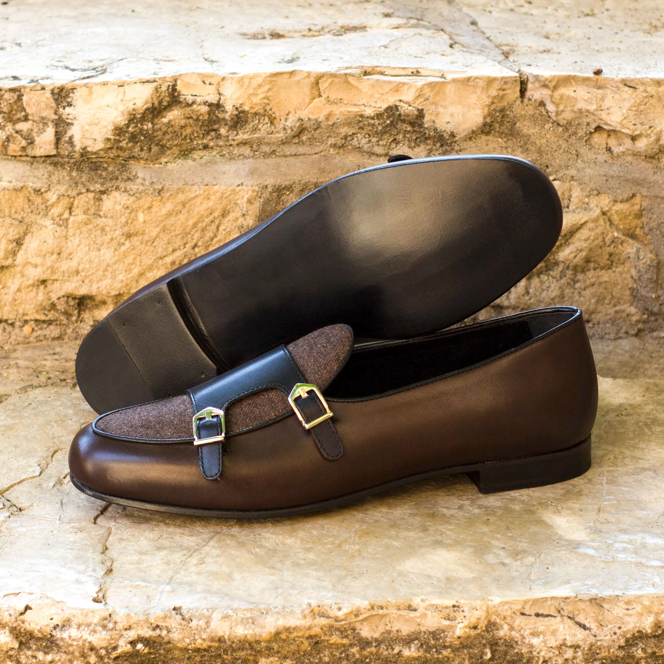 DapperFam Rialto in Brown / Dark Brown / Black Men's Flannel & Italian Leather Monk Slipper