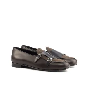 DapperFam Rialto in Brown / Dark Brown / Black Men's Flannel & Italian Leather Monk Slipper