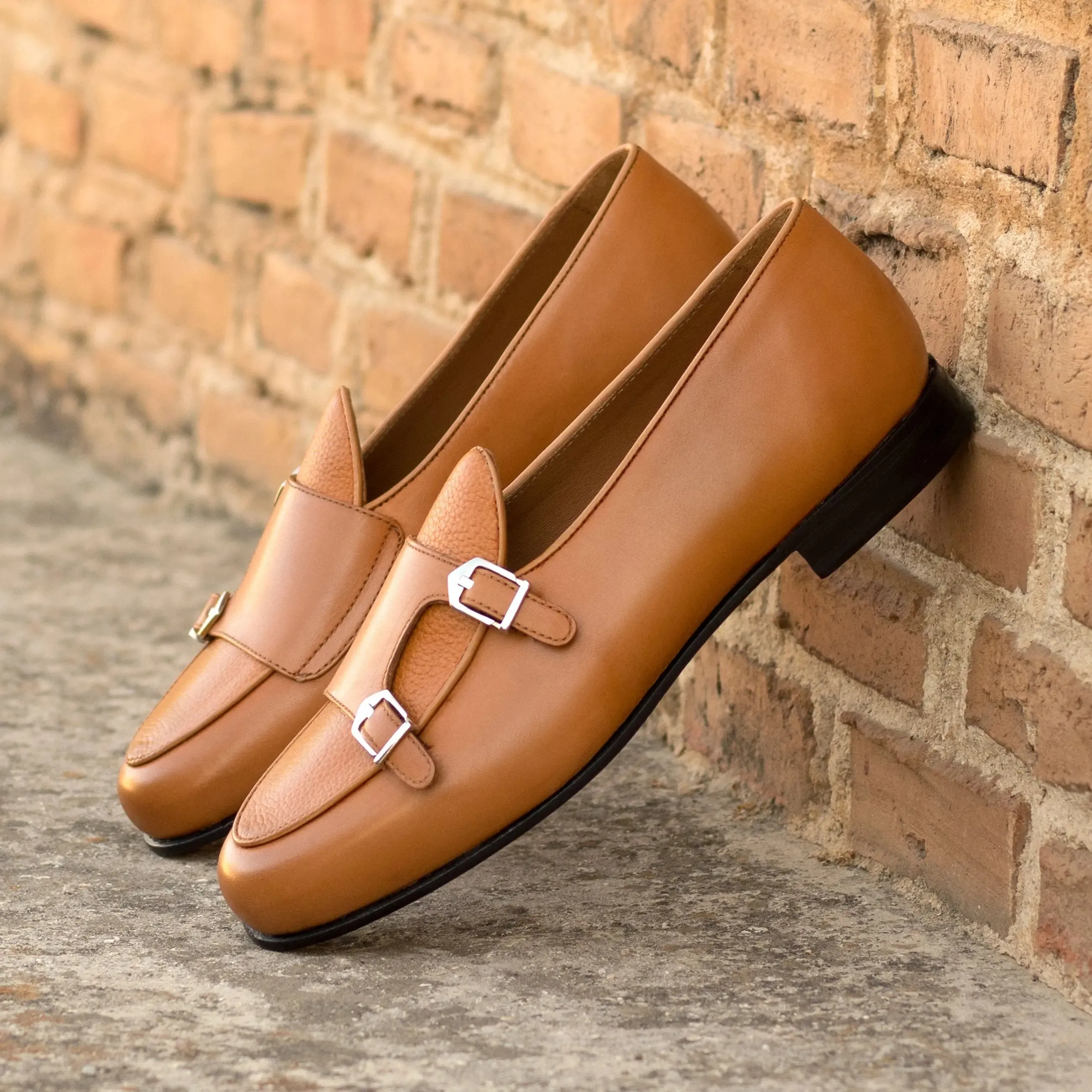 DapperFam Rialto in Cognac Men's Italian Leather & Full Grain Leather Monk Slipper