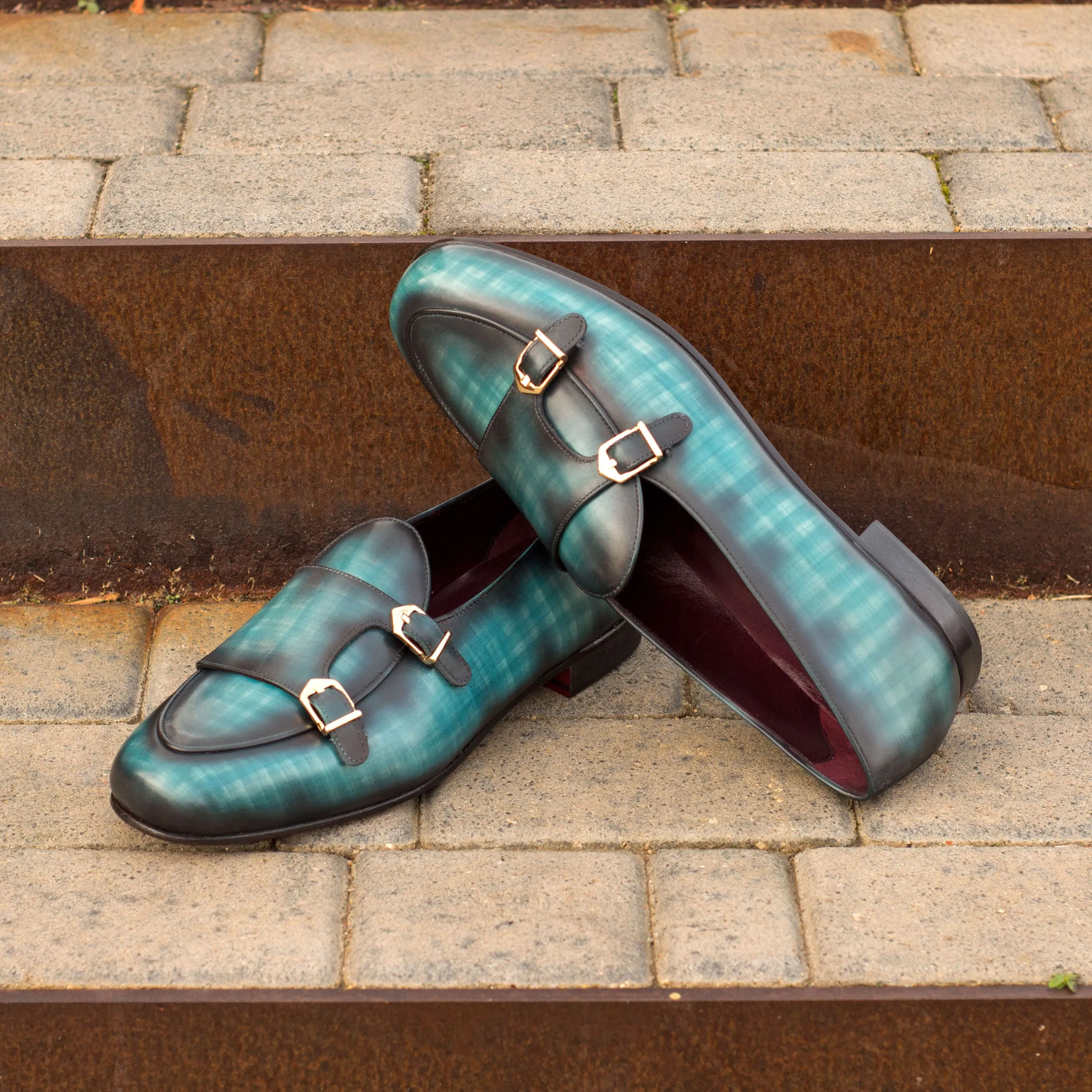 DapperFam Rialto in Turquoise Men's Hand-Painted Patina Monk Slipper