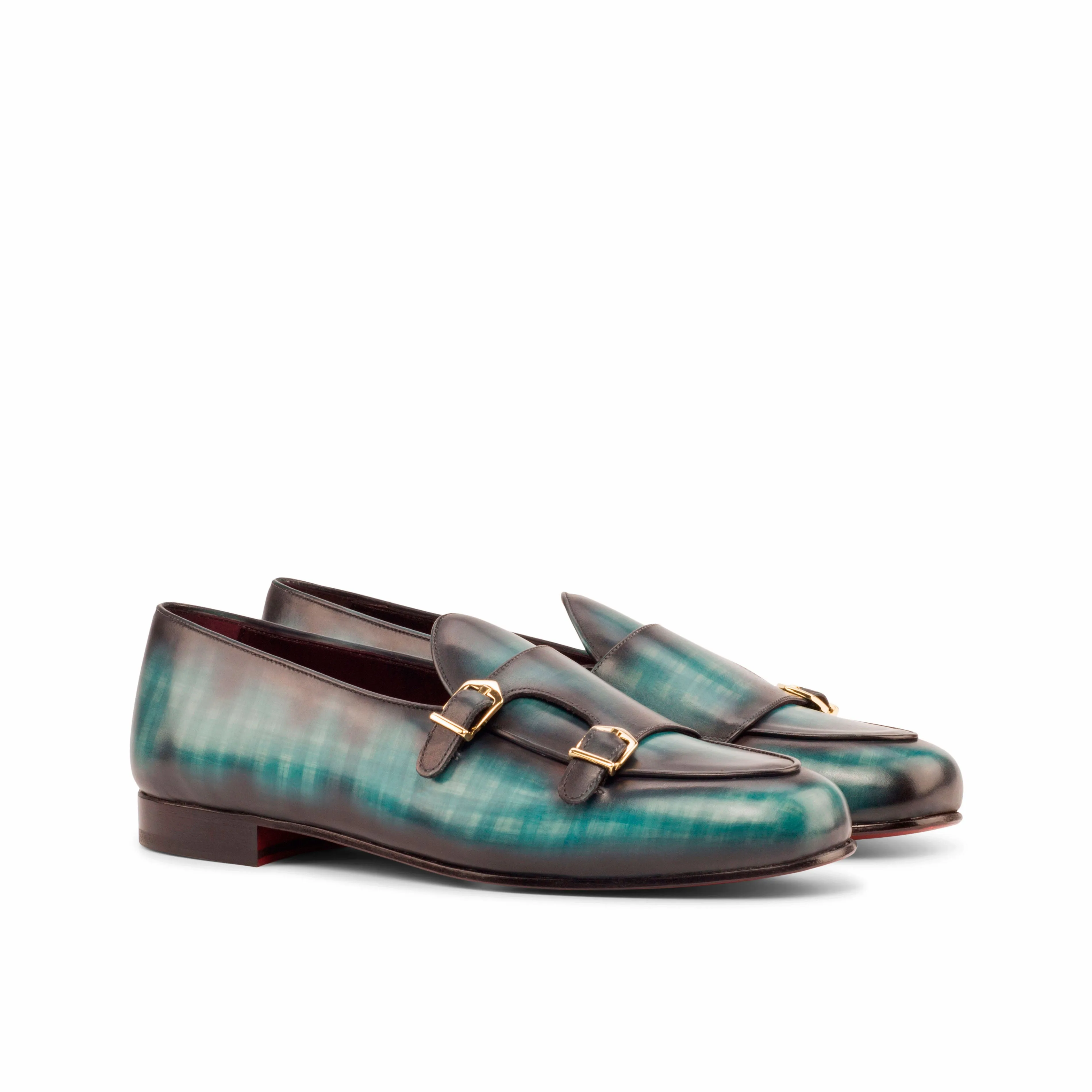 DapperFam Rialto in Turquoise Men's Hand-Painted Patina Monk Slipper