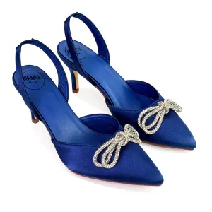 Marinah Wedding Shoes Diamante Bow Slingback Stiletto High Heel Court Shoes in Navy