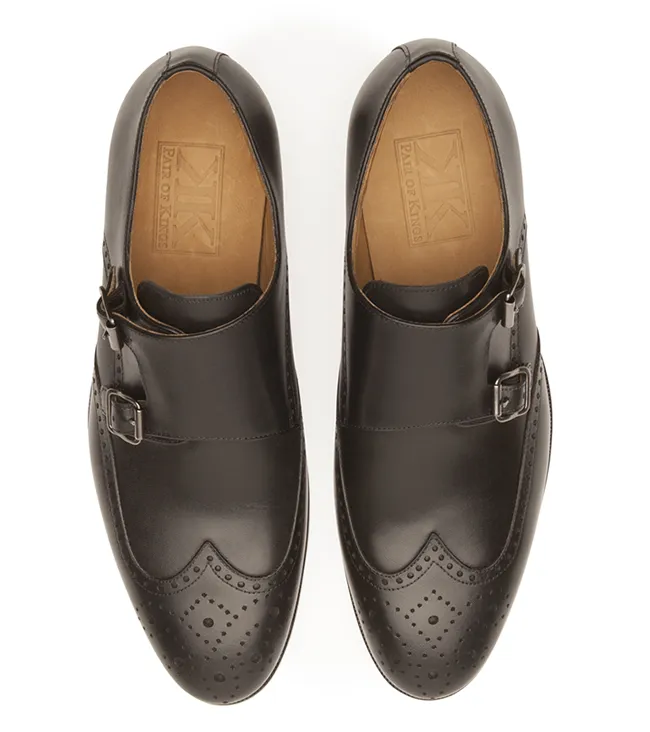 Pair of Kings Men's The Straight Black Leather Double Monk Strap Handmade Shoe
