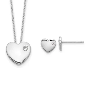 Sterling Silver CZ Heart 18in Necklace and Post Earrings Set