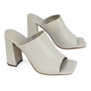 Sunday Square Toe Block High Heel Mule Peep Toe Sandals in Stone Synthetic Leather