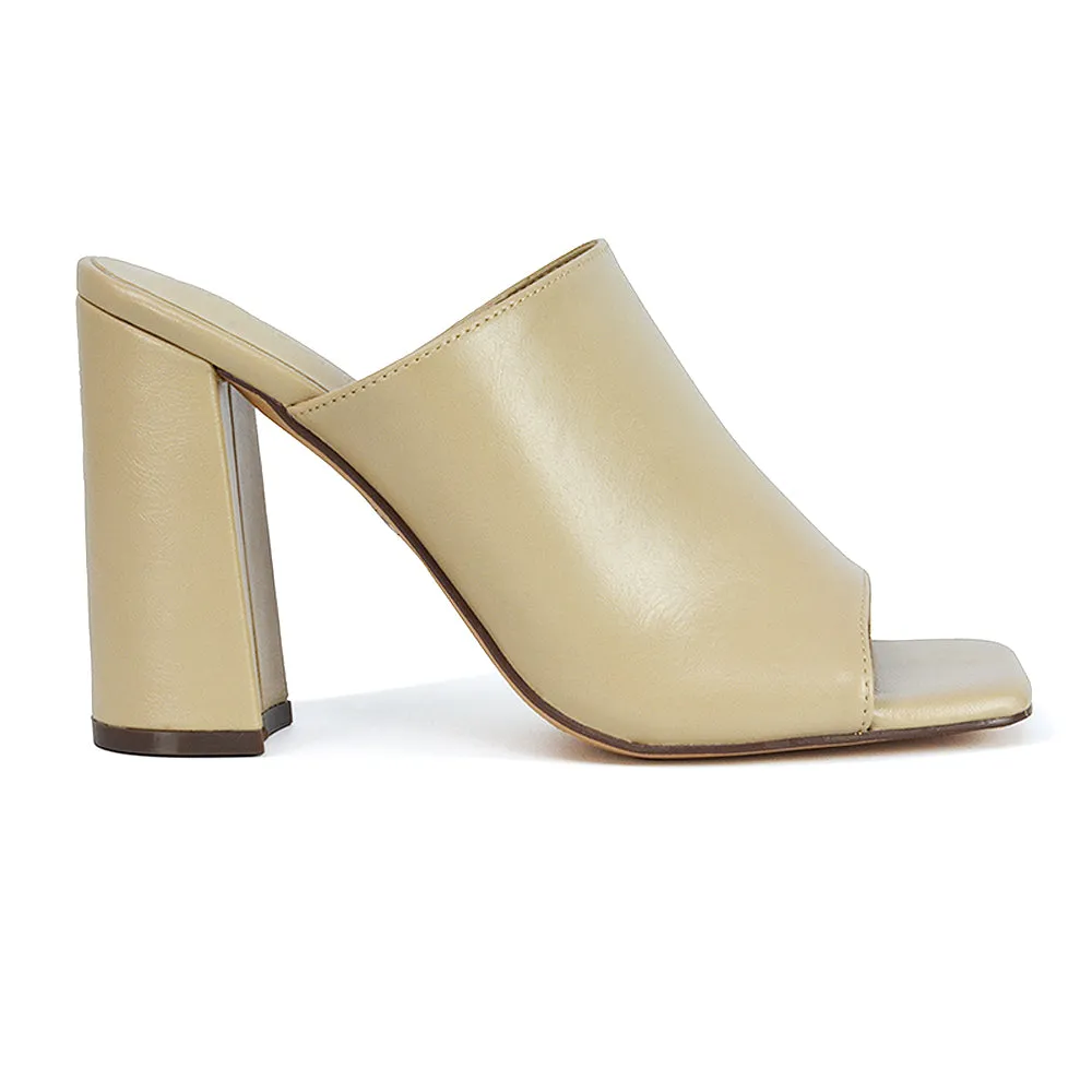Sunday Square Toe Block High Heel Mule Peep Toe Sandals in Stone Synthetic Leather