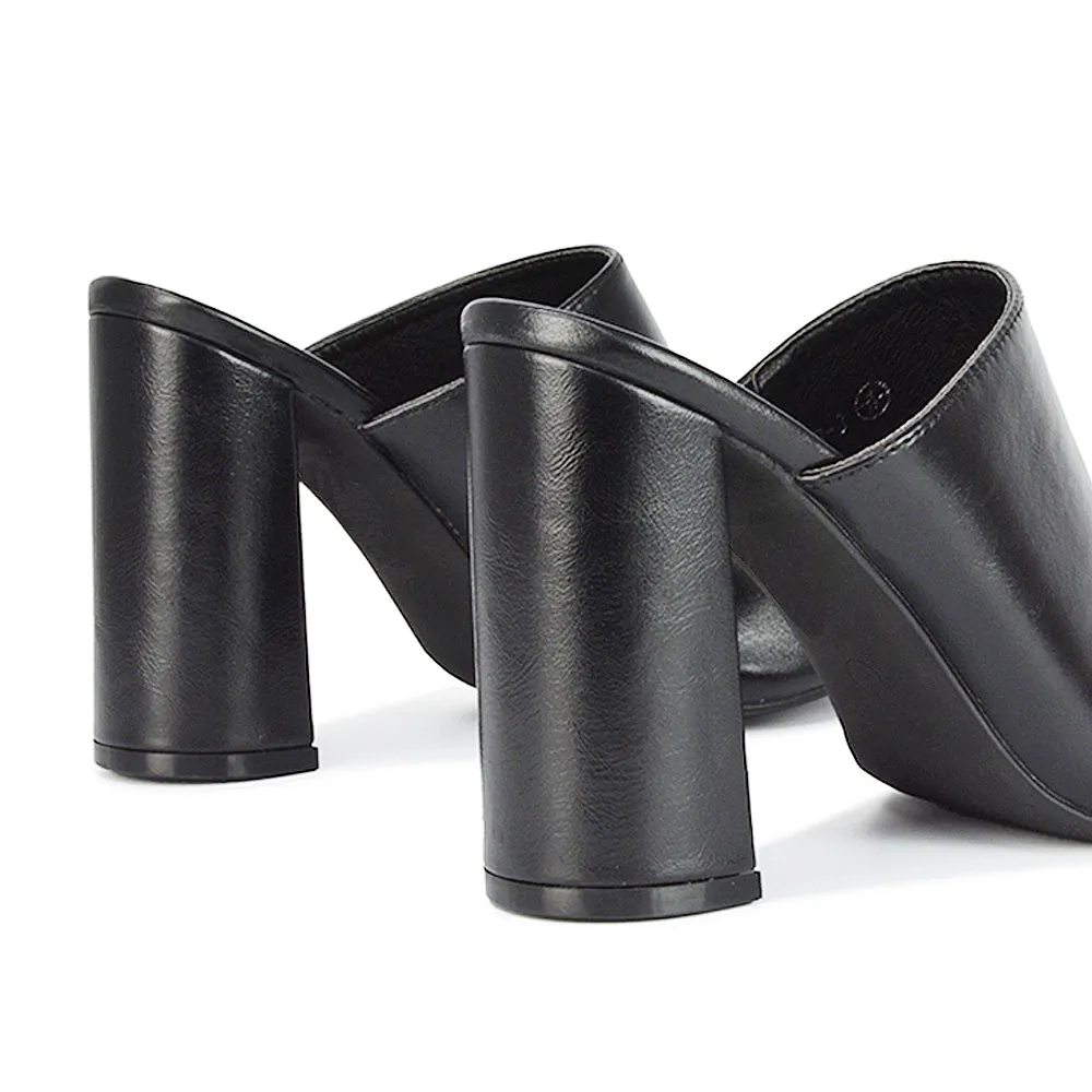 Sunday Square Toe Block High Heel Mule Peep Toe Sandals in Stone Synthetic Leather