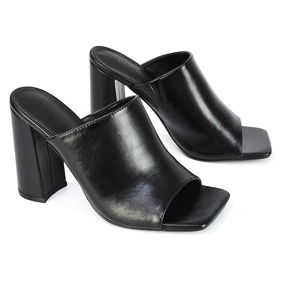 Sunday Square Toe Block High Heel Mule Peep Toe Sandals in Stone Synthetic Leather