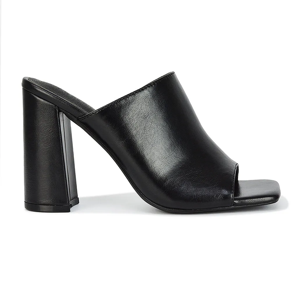 Sunday Square Toe Block High Heel Mule Peep Toe Sandals in Stone Synthetic Leather