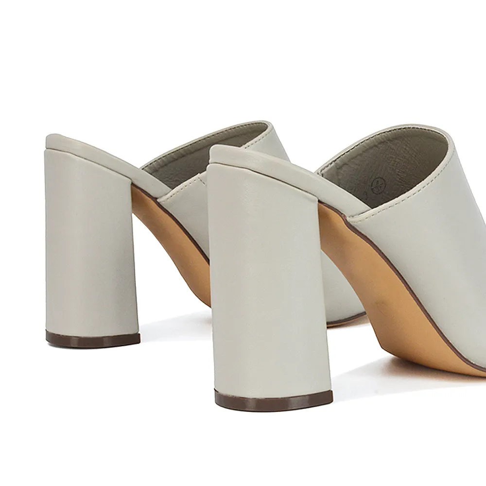 Sunday Square Toe Block High Heel Mule Peep Toe Sandals in Stone Synthetic Leather