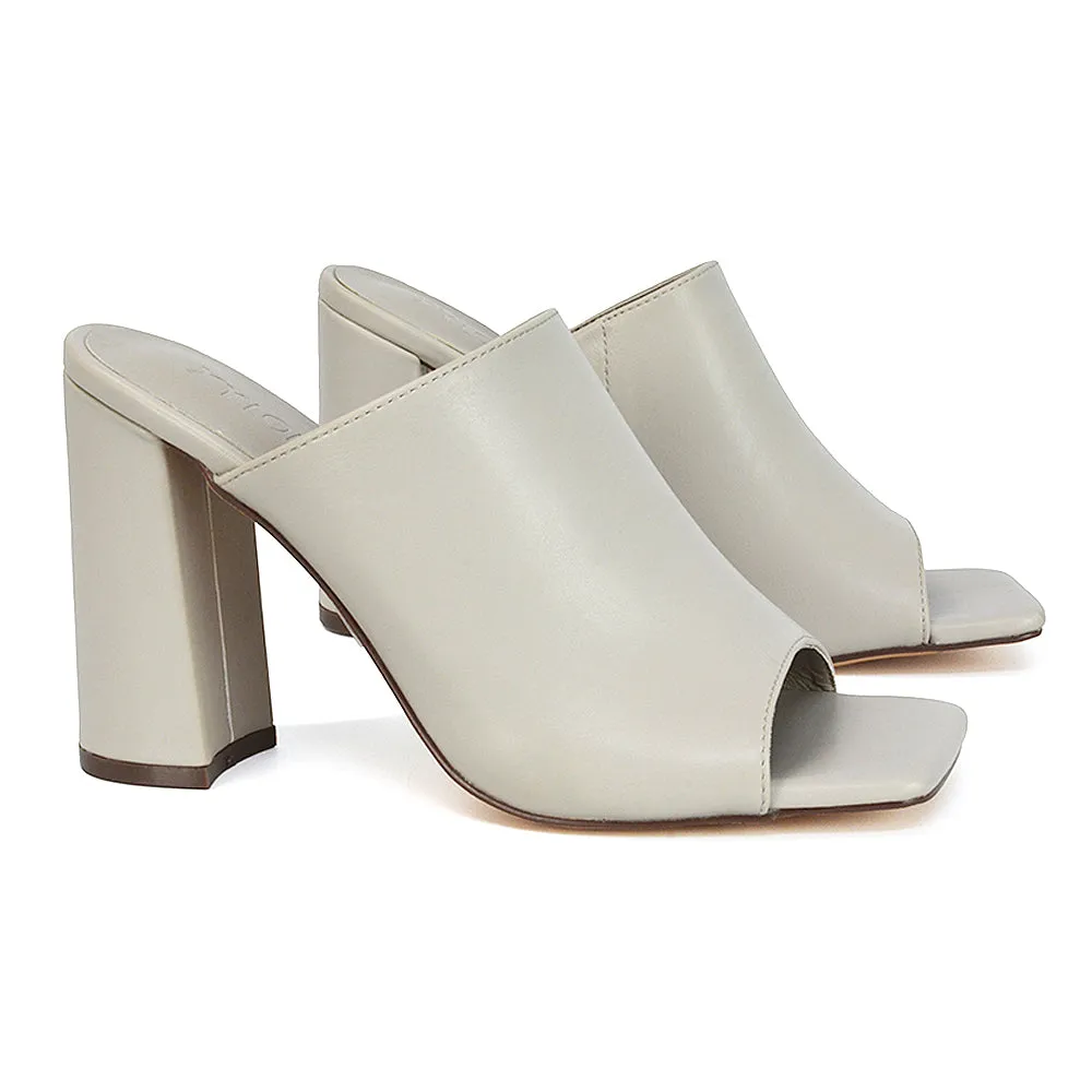 Sunday Square Toe Block High Heel Mule Peep Toe Sandals in Stone Synthetic Leather