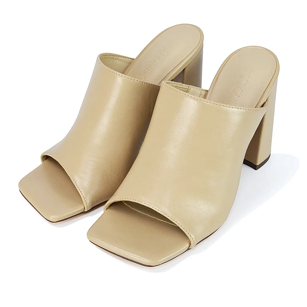 Sunday Square Toe Block High Heel Mule Peep Toe Sandals in Stone Synthetic Leather