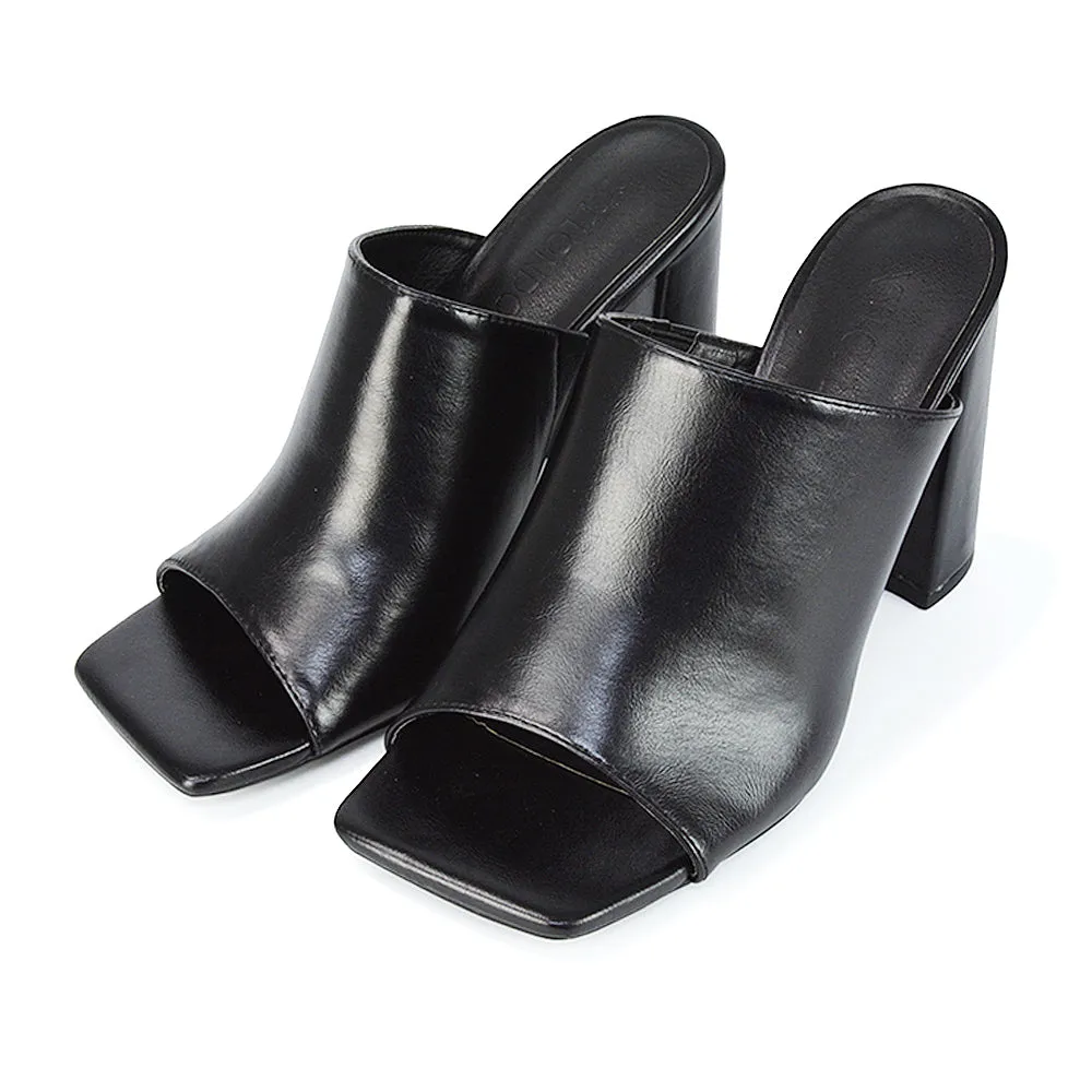 Sunday Square Toe Block High Heel Mule Peep Toe Sandals in Stone Synthetic Leather
