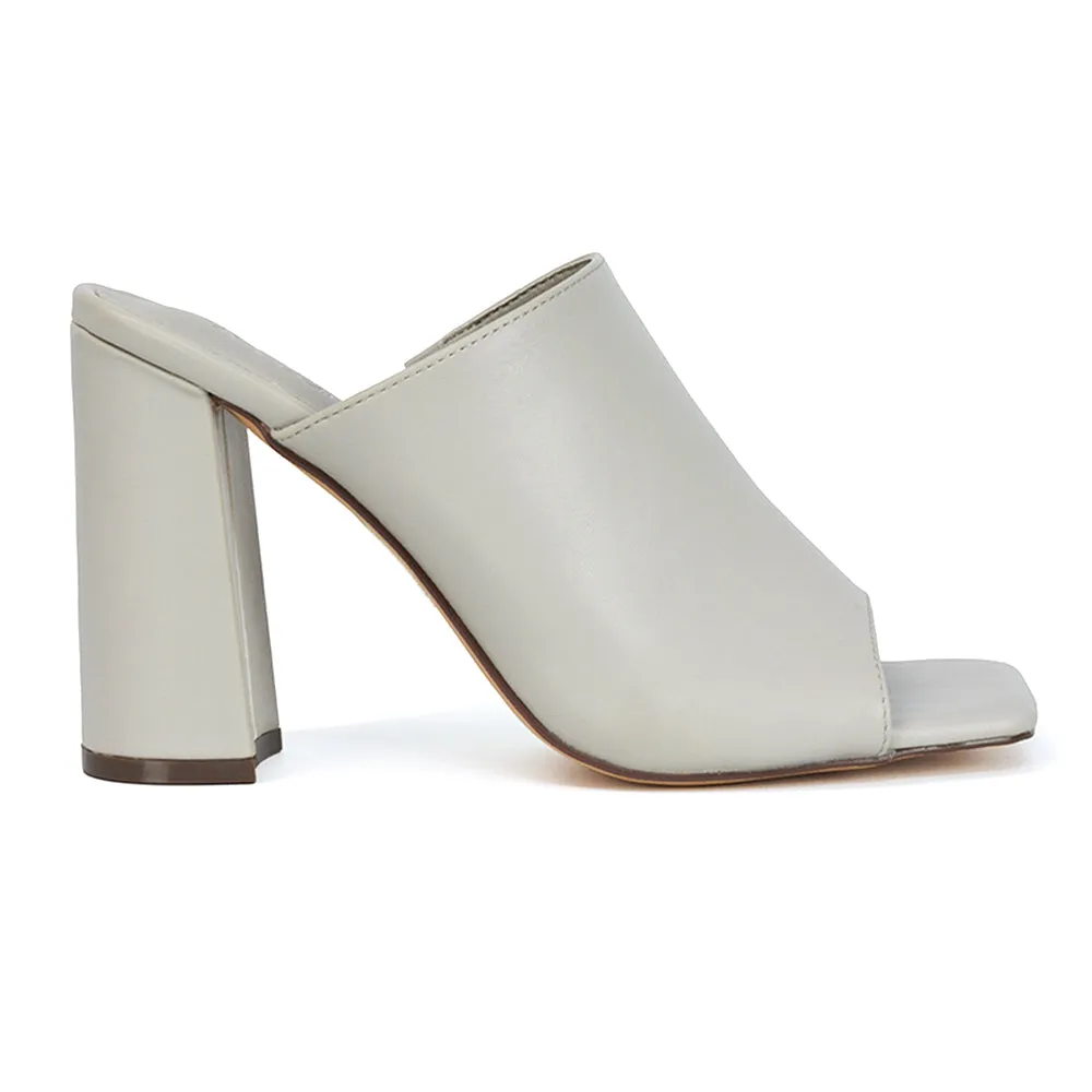 Sunday Square Toe Block High Heel Mule Peep Toe Sandals in Stone Synthetic Leather