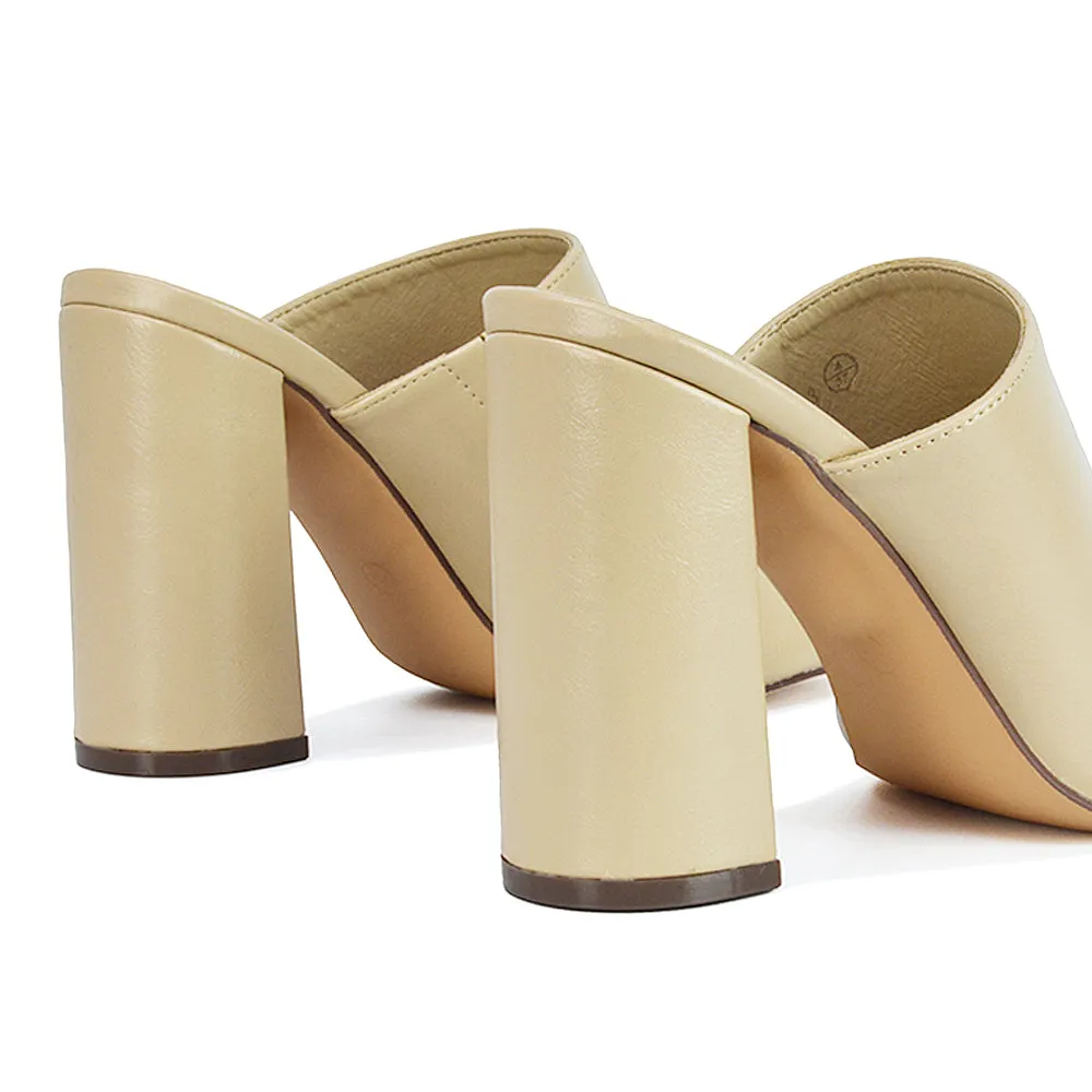 Sunday Square Toe Block High Heel Mule Peep Toe Sandals in Stone Synthetic Leather