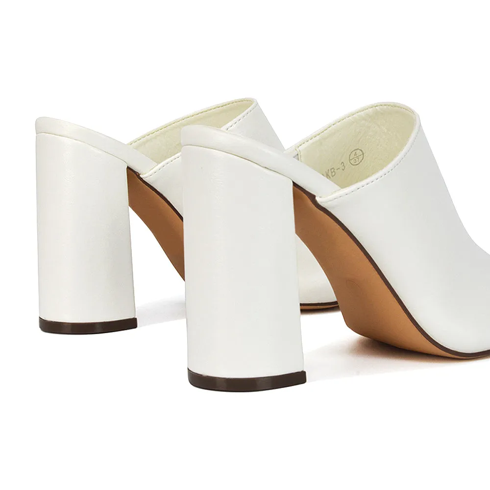 Sunday Square Toe Block High Heel Mule Peep Toe Sandals in Stone Synthetic Leather