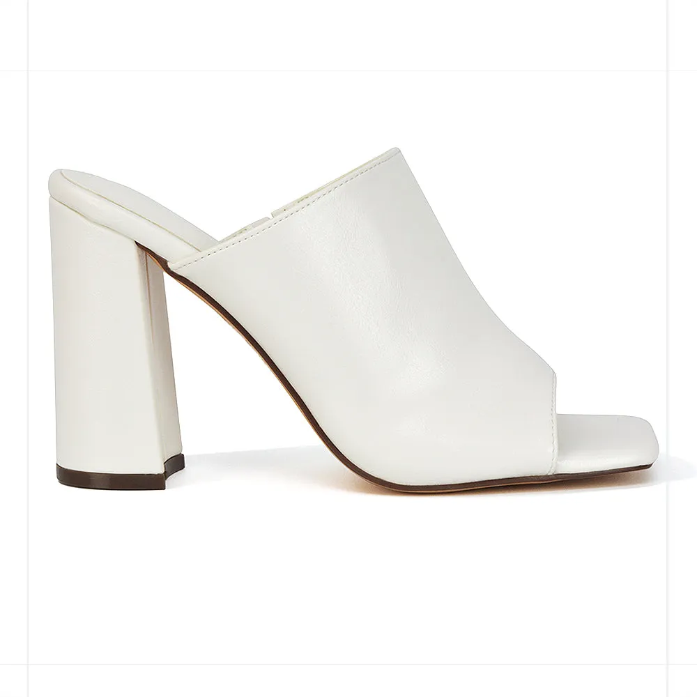 Sunday Square Toe Block High Heel Mule Peep Toe Sandals in Stone Synthetic Leather