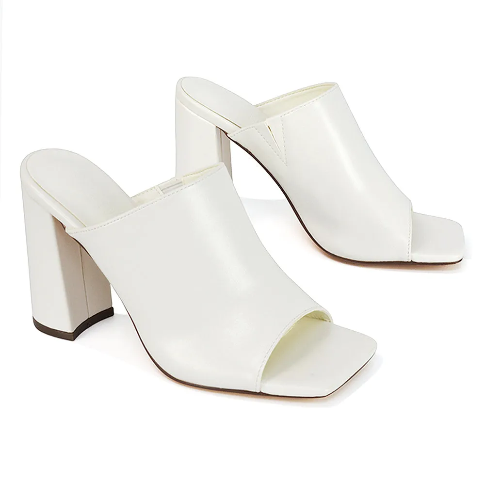 Sunday Square Toe Block High Heel Mule Peep Toe Sandals in Stone Synthetic Leather