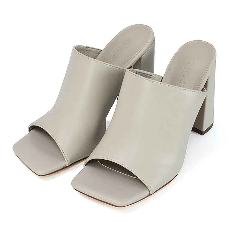 Sunday Square Toe Block High Heel Mule Peep Toe Sandals in Stone Synthetic Leather