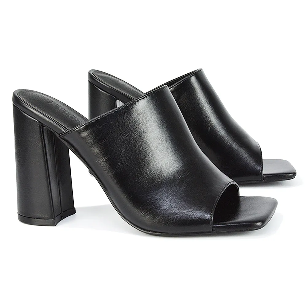 Sunday Square Toe Block High Heel Mule Peep Toe Sandals in Stone Synthetic Leather