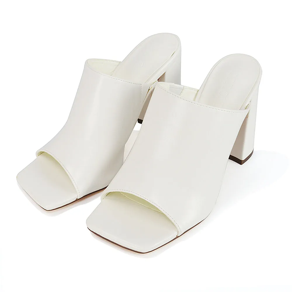 Sunday Square Toe Block High Heel Mule Peep Toe Sandals in Stone Synthetic Leather