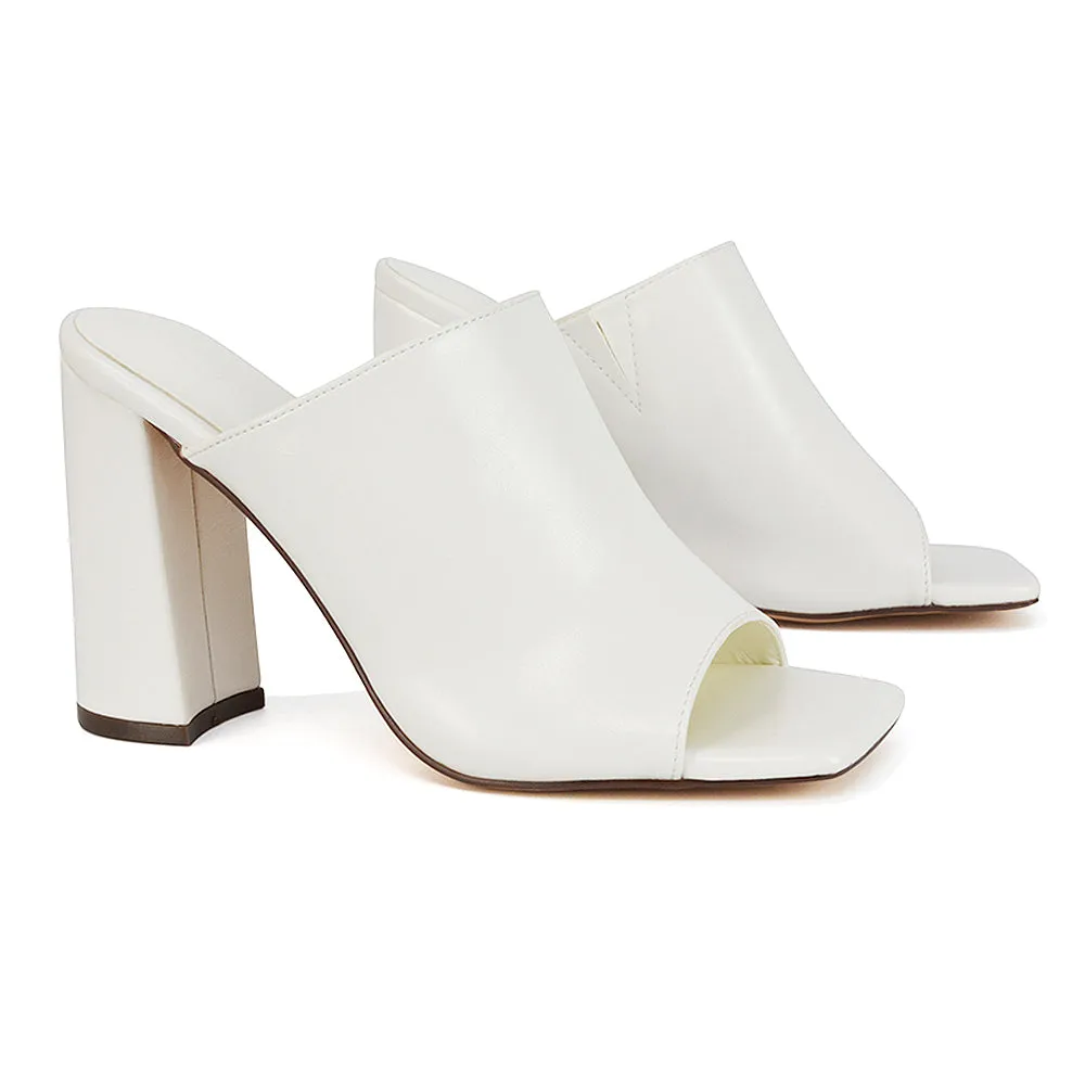 Sunday Square Toe Block High Heel Mule Peep Toe Sandals in Stone Synthetic Leather