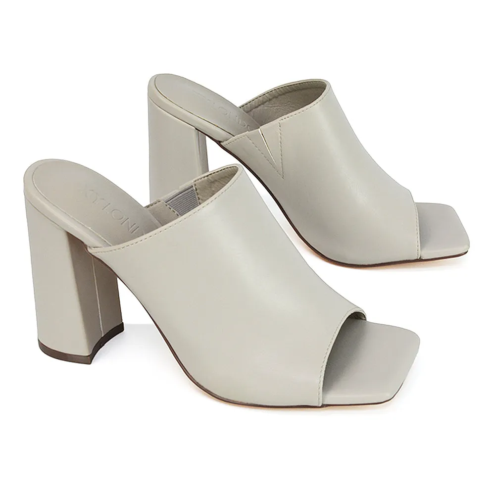 Sunday Square Toe Block High Heel Mule Peep Toe Sandals in Stone Synthetic Leather